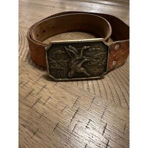 Vintage 1970s BTS Solid Cast Brass Flying Ducks Belt Buckle Tooled Leather Belt